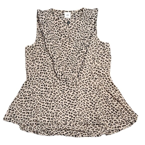 CAbi Top Flutter Blouse Ruffle Sleeveless Cheetah Animal Print Black Cream S - Picture 11 of 16
